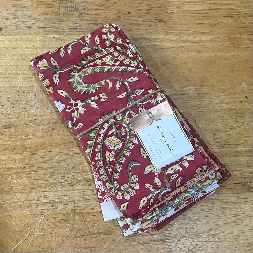 Pottery Barn Block Print Napkins Set of 6 Red Paisley Floral Boho 20x20 NEW